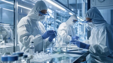 Naklejka premium Scientists research lab sterile suits experiment