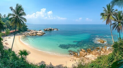 A panoramic view of the tropical beach with palm trees and clear blue sky, featuring white sandy beaches, crystal-clear turquoise waters.