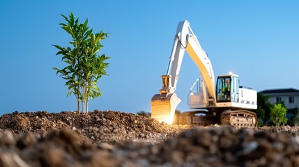 Excavator digs near sapling at dusk; construction site background; environmental impact illustration