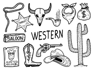 Obraz premium Set of Western hand drawn doodle. Wild west. Cowboy stuff, hat, boots, bandana, lasso, gun. Sheriff badge. Desert cactus. Wanted poster. Saloon. Smoking. Buffalo skull. Vector line art illustration.