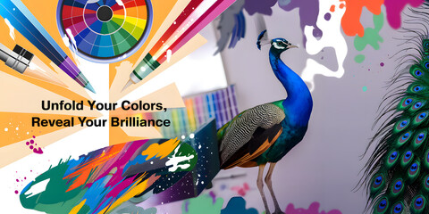 Peacock with colorful tools and motivational slogan