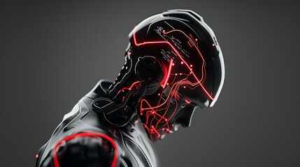 Cybernetic head profile, futuristic design, dark background, technological concept, science fiction illustration
