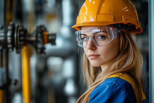 Młoda kobieta w  kasku ochronnym i okularach - pracownik.