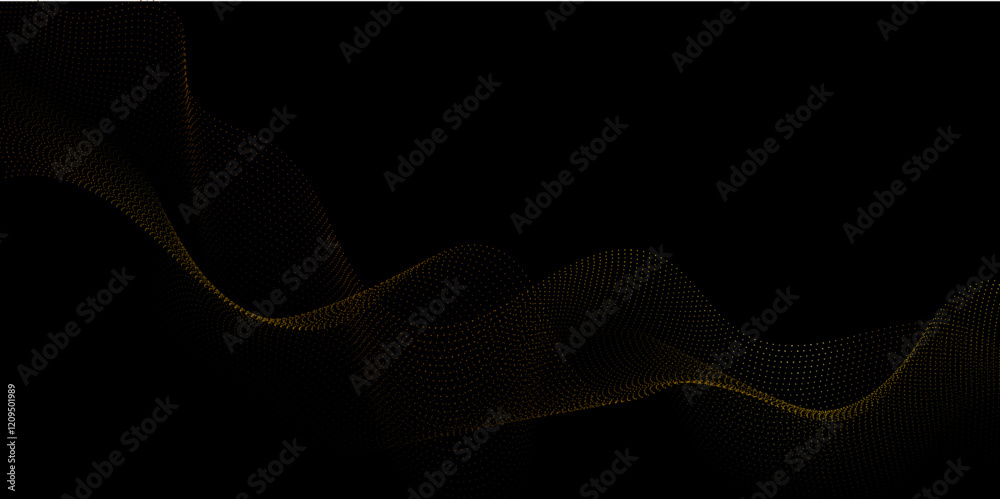 Aufkleber Abstract wavy dotted curved line dark black background. vector futuristic background with particle waves Beautiful shaped array of glowing line. abstract volume voice technology vibrate and mus.