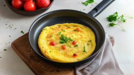 Omelet with red peppers and spinach, and cheese in a pan on a white background