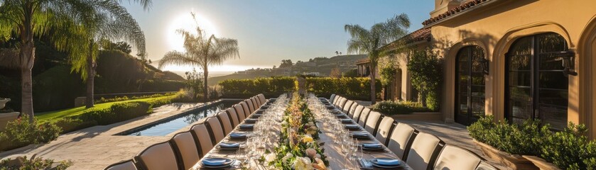 Obraz premium Elegant outdoor dining setup with sunset view and decorations.