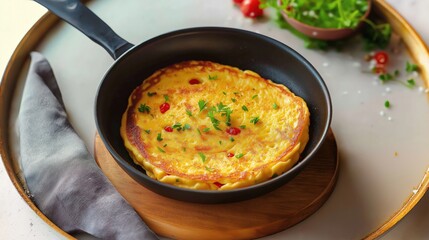 Omelet garnished with vegetables in a black frying pan on a wooden board