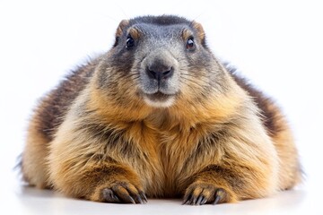Adorable Marmot Lying Down, Isolated White Background Stock Photo