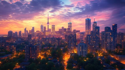 Obraz premium Dynamic city skyline illuminated at twilight, urban and modern landscape 