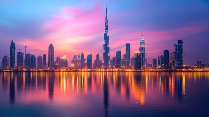 Obraz premium Dynamic city skyline illuminated at twilight, urban and modern landscape 