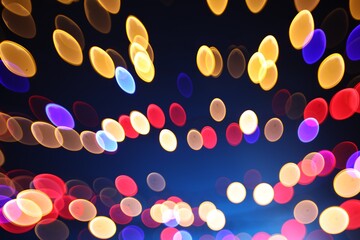 Blurred view of colorful lights on dark blue background, bokeh effect