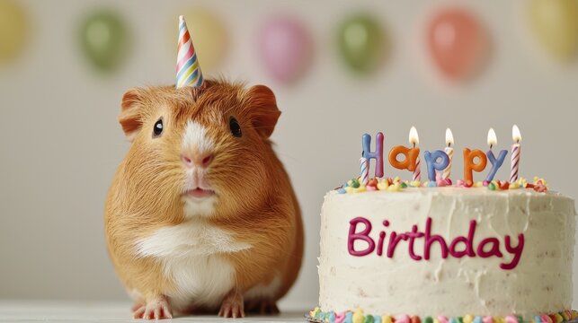 A cute guinea pig celebrates its birthday next to a cake adorned with candles and colorful decorations.