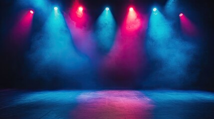 Fototapeta premium Flatlay of a concert stage with bright colored lights shining on the floor, creating room for text or branding.