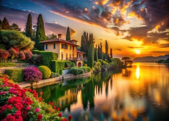 Fototapeta premium Surreal Italian flora explodes with color as the sun dips behind Florence's lakeside villa.