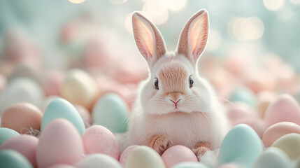 Adorable White Bunny Rabbit Nestled Among Pastel-Colored Easter Eggs with a Festive Mood Against a Softly Blurred Outdoor Background
