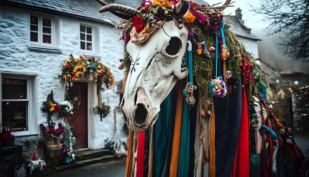 Mari Lwyd tradition in Wales, featuring a decorated horse's skull and festive surroundings in a Welsh village.