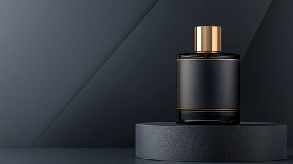 Elegant black perfume bottle with gold accents on a dark geometric background, showcasing luxury and sophistication in design.