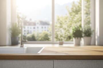 Wooden table window sink interior