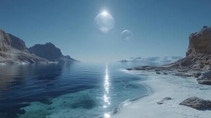 Alien planet serene beach, double sun