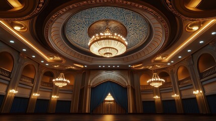 Obraz premium Flatlay of a regal concert hall with intricate architectural details and softly lit chandeliers, offering space for branding.