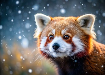 Obraz premium Adorable Red Panda in Winter Wonderland: Close-Up Snow Scene