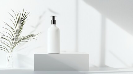 Minimalist white lotion bottle with pump on white pedestal. Shadow of plant creates a serene atmosphere. Perfect for skincare marketing.
