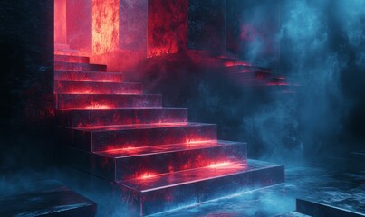 Red illuminated stairs in a foggy, dark environment.