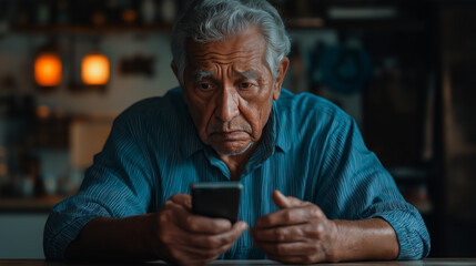 Older Hispanic man with graying hair focuses on his smartphone while sitting at a table in a cozy setting