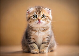 Adorable Scottish Fold Kitten with Striking Eyes - Long Exposure Beige Background Stock Photo