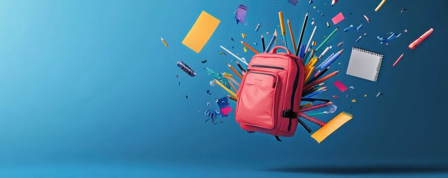 Vivid image of a backpack with school supplies, notebooks, and pencils flying out on a blue background