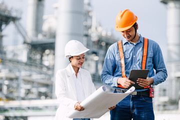Professional Petroleum Refinery engineer team working building oil and gas power industrial plant.