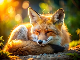 Fototapeta premium Adorable Sleepy Fox Curled Up in the Sun - Candid Wildlife Photography