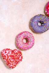 Valentine's Day Decorated Donut Assortment.top veiw.selective focus