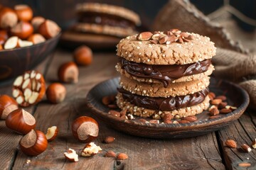 Delicious homemade cookies filled with chocolate cream, decorated with almonds and hazelnuts, creating a tempting dessert on a wooden table
