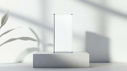 Minimalist display stand with blank screen in modern setting, surrounded by soft shadows and green leaves.
