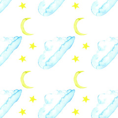 Cute cartoon white clouds on light sky. Doodle watercolor seamless pattern. Minimal wallpaper. Design for fabric isolated on white background