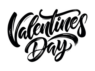 ''Valentines Day'' hand drawn with brush. Calligraphic inscriptions on white background, vector illustration.