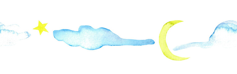 Blue, white air balloons, clouds and stars. Watercolor isolated hand drawn seamless border. Banner for website, postcards, decoration of children's rooms