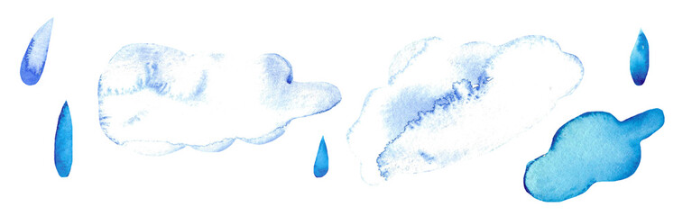 Blue clouds and water drop element set. Watercolor isolated hand-drawn seamless set isolated on white background.