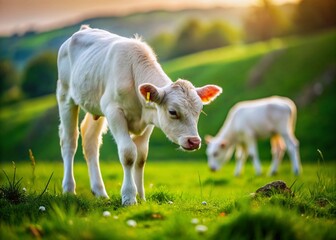 Obraz premium Adorable White Calf Grazing in Green Meadow with Brown Cow - Tilt-Shift Photography