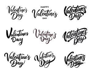  Set of “valentine's day” inscriptions hand drawn with brush. With heart.Calligraphic inscriptions on white background, vector illustration.