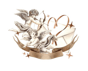 Cupid angels with wings, one shooting a bow and arrow and the other holding a love letter. Accented with ribbons, gold stars and a heart motif. Suitable for Valentine's Day cards, wedding invitations