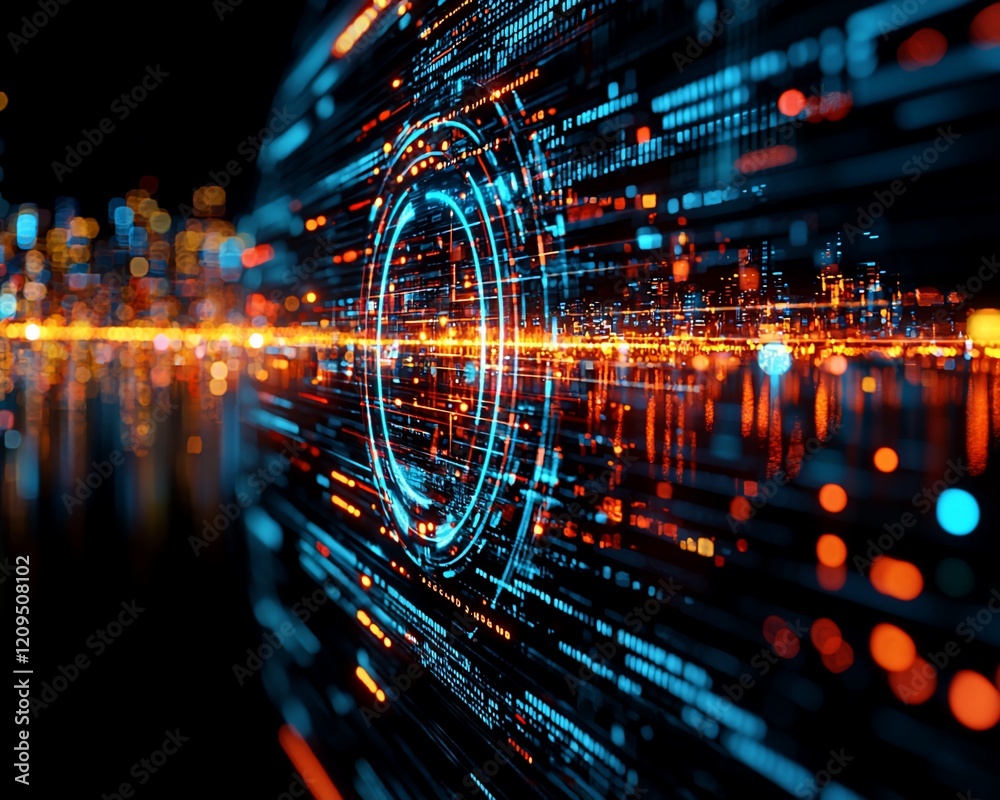 Aufkleber futuristic digital data stream with glowing circles and city lights.