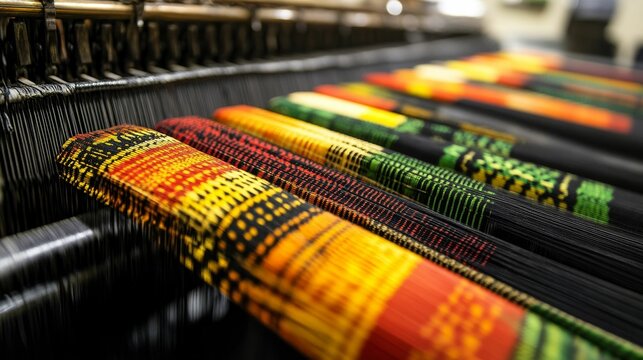 Colorful threads aligned on an industrial weaving machine.