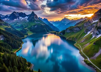 Aerial Cinematic View of Agerisee Lake, Swiss Alps - Low Light Photography