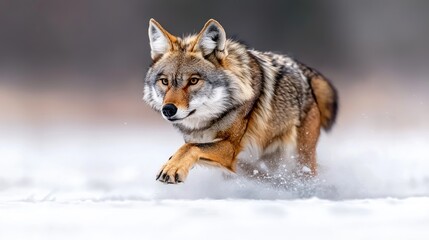 Fototapeta premium Gray wolf sprinting through deep snow in a winter field during daytime.
