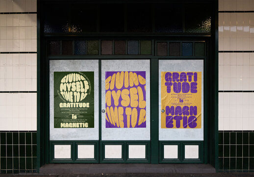 Three posters mockups in a Sydney Storefront door