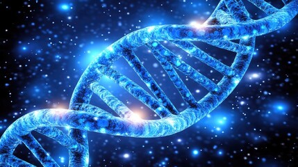 Overhead shot of a digital rendering of a DNA strand in glowing blue, against a dark background with clean space for text.
