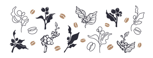 Coffee branch, beans One thin line sign, print set