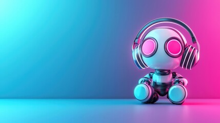 Fototapeta premium Cute Robot with Headphones and Neon Background
